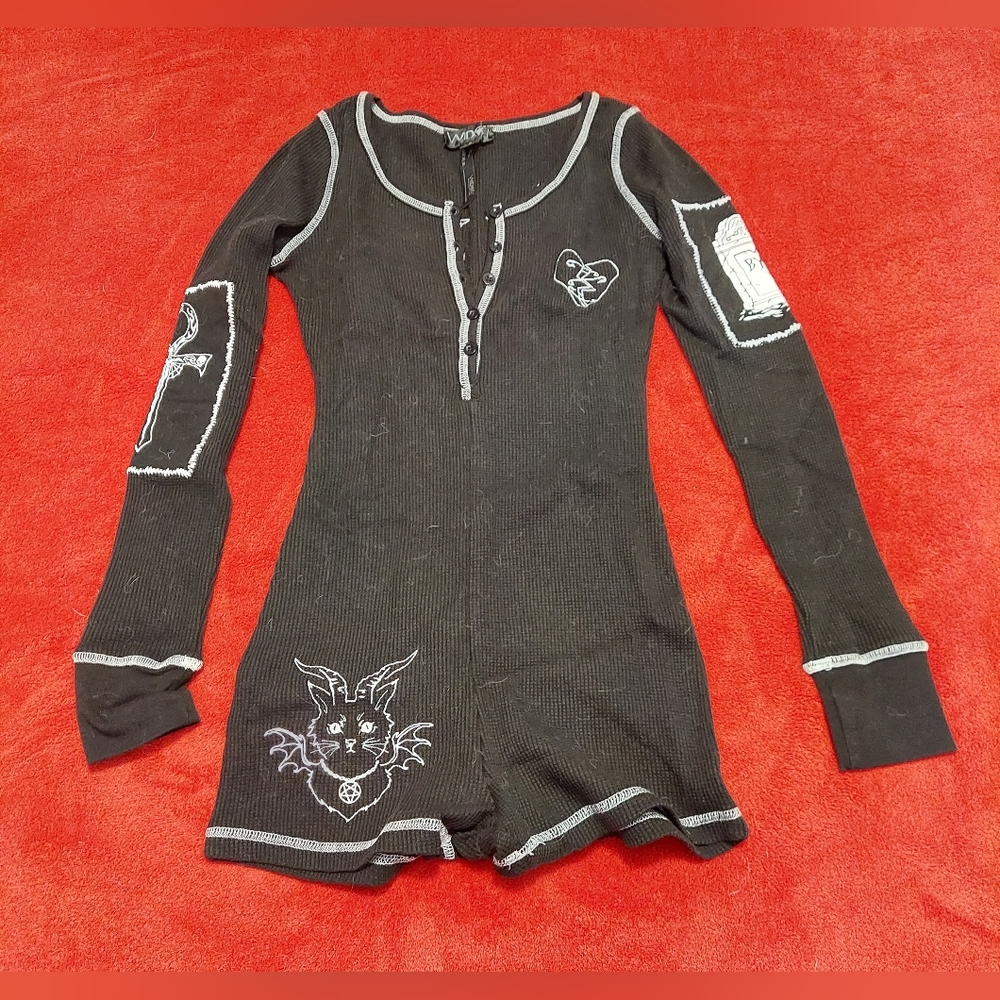Dolls Kill Widow Waking Nightmare Thermal Onesie Graphic Romper